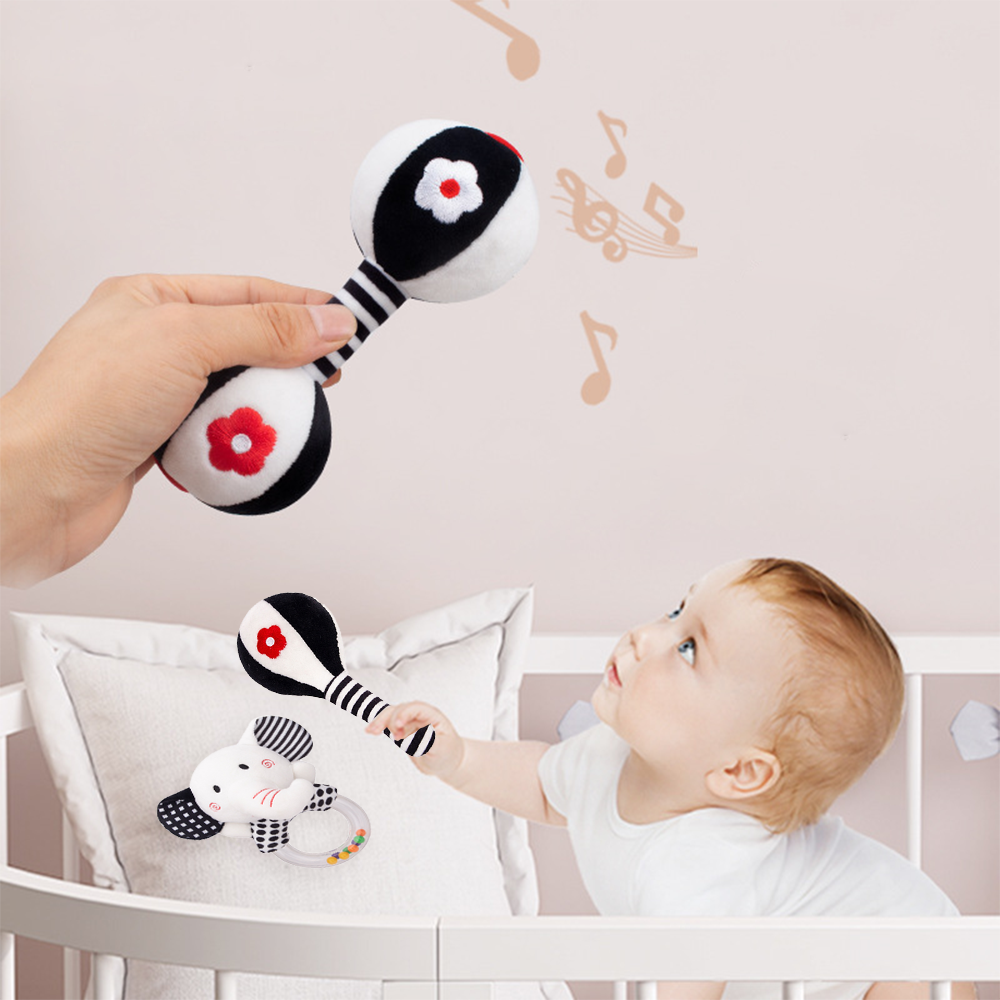3PCS Soft Plush Baby Rattles High Contrast Black and White Sensory Toy T7273