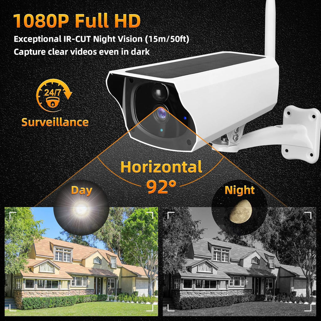 Outdoor Solar Security Camera 1080P HD Wireless WiFi Surveillance Camera with Night Vision, 2-Way Audio, IP67 Waterproof, 64G SD Card S7634