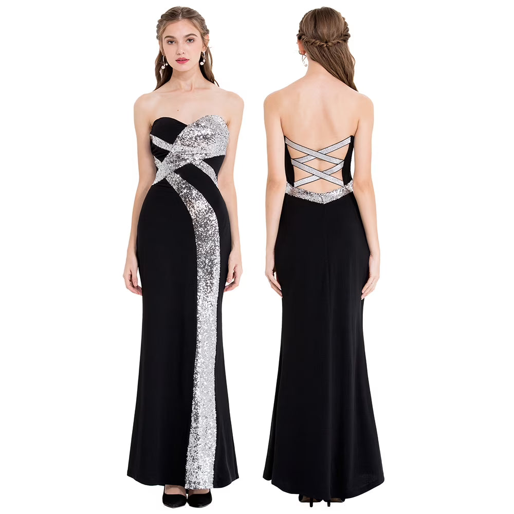 Black Strapless Sweetheart Sequin Evening Dress V285