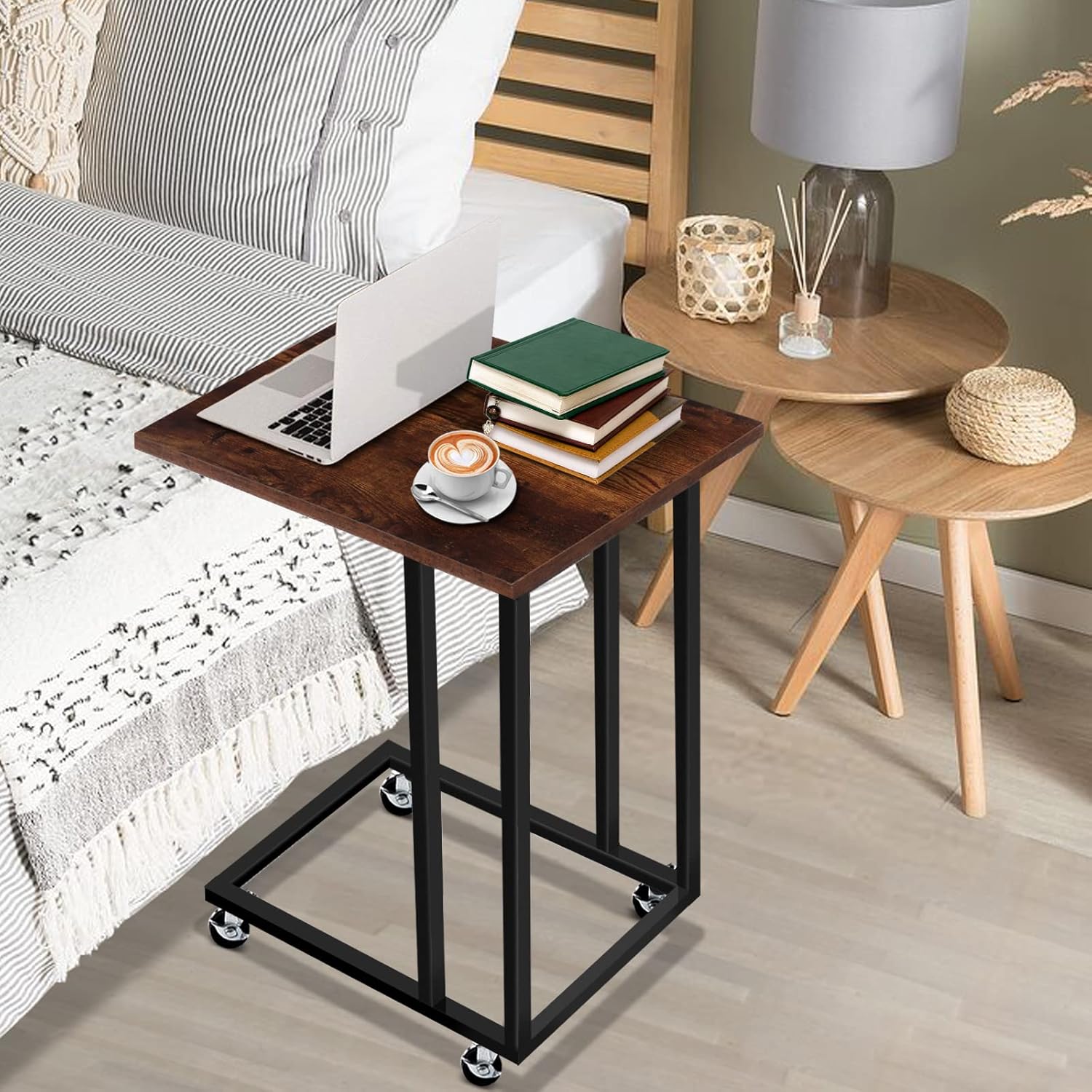 Rustic C Table with Metal Frame and 4 Rolling Casters K6022