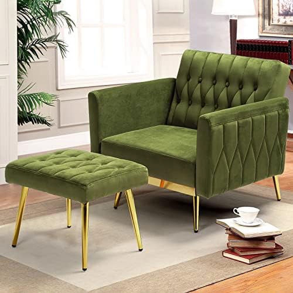 Olive Green Velvet Single Recliner Armchair with Ottoman and Pillow G903867
