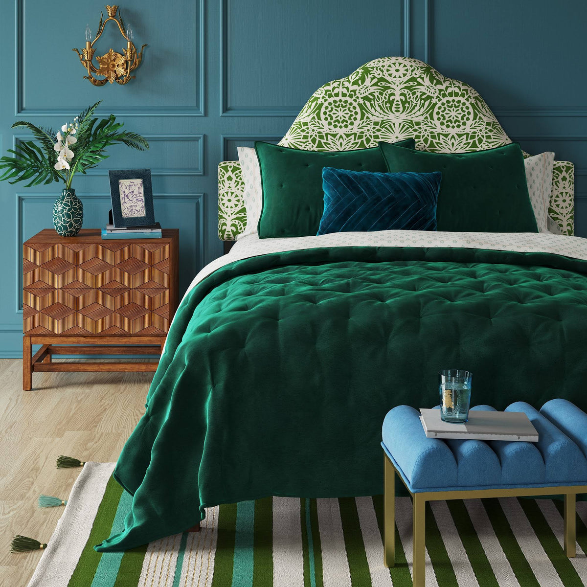 Arched Headboard Green White Floral D634