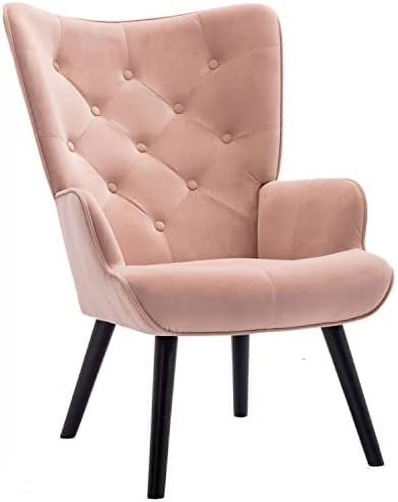 Yellow Velvet Tufted Wingback Chair with Arms Solid Wood Legs U987