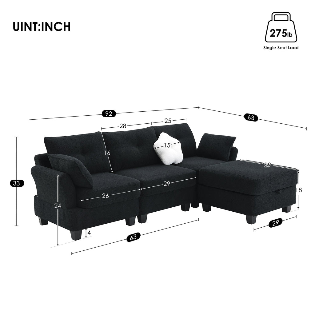 Black Velvet Sectional Sofa with Storage Ottoman O377