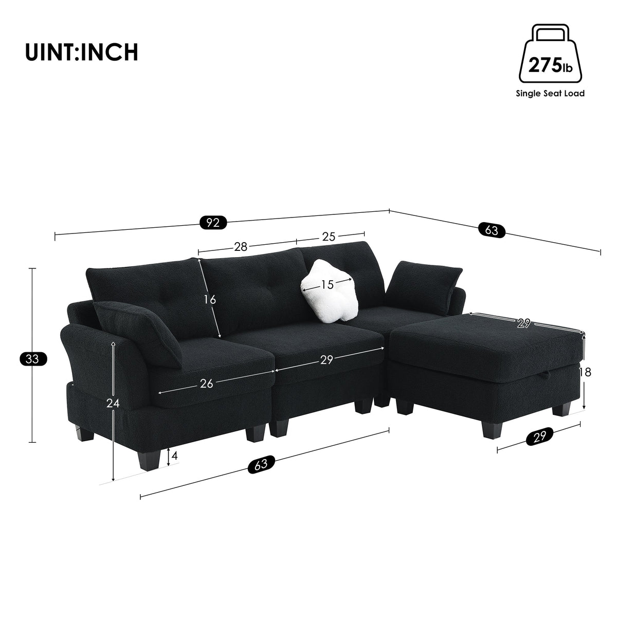 Black Velvet Sectional Sofa with Storage Ottoman O377