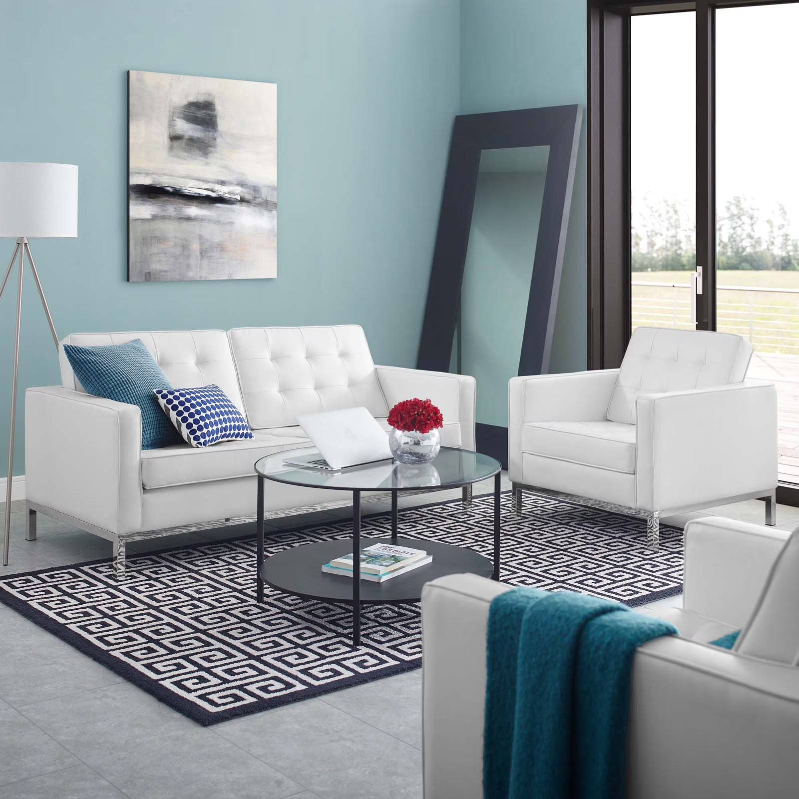 Silver White Faux Leather Loveseat and Armchair Set M841881