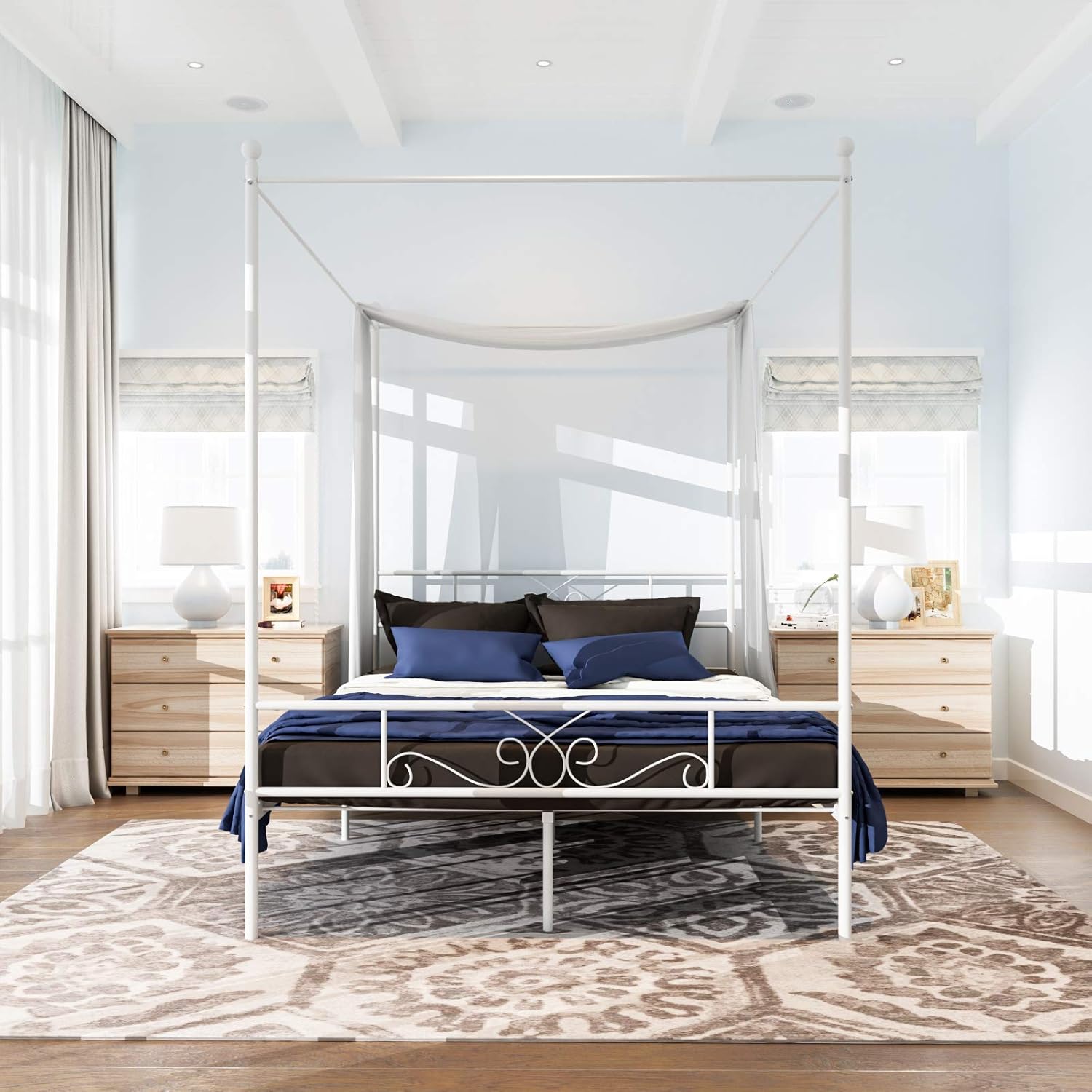 Twin White Metal Canopy Bed Frame with Steel Slats L52966