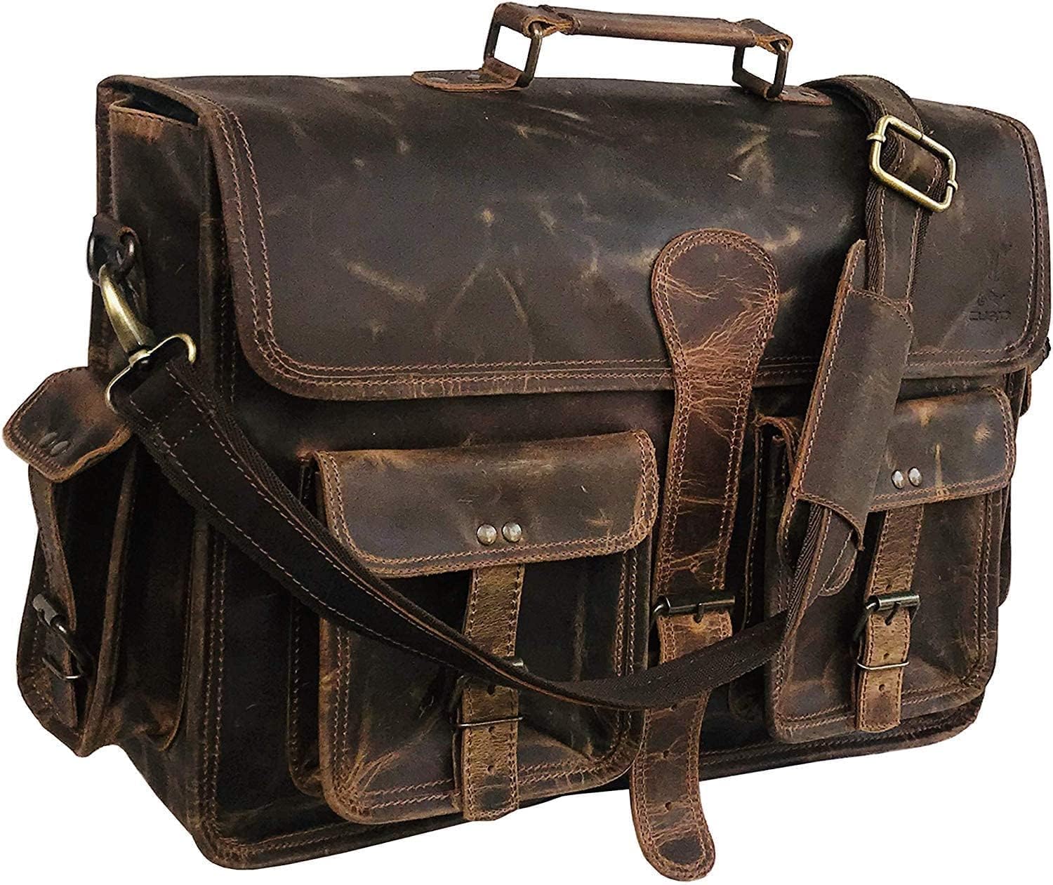 Vintage Brown Leather Laptop Messenger Bag Q4688