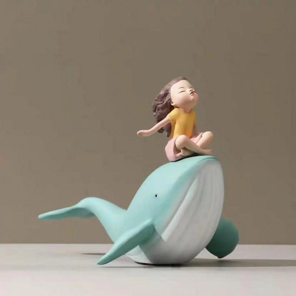 Nordic Girl and Whale Figurine Statue Sculpture I436
