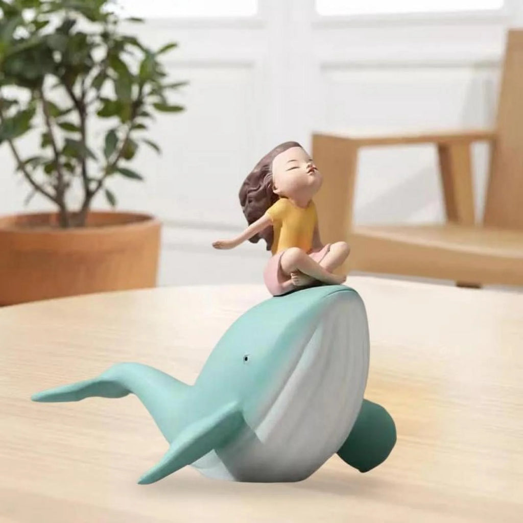 Nordic Girl and Whale Figurine Statue Sculpture I436