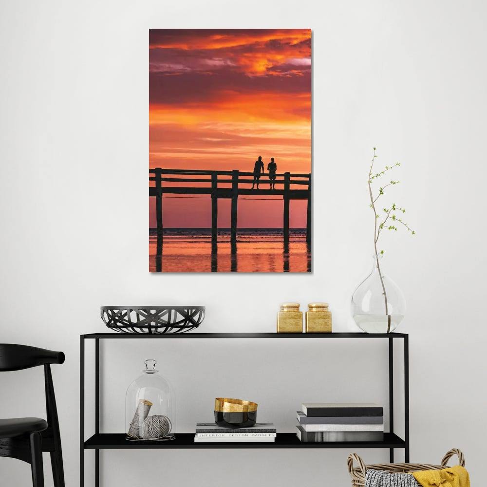 Sunset Island Jetty Silhouetted People Canvas Wall Decor Prints N48472