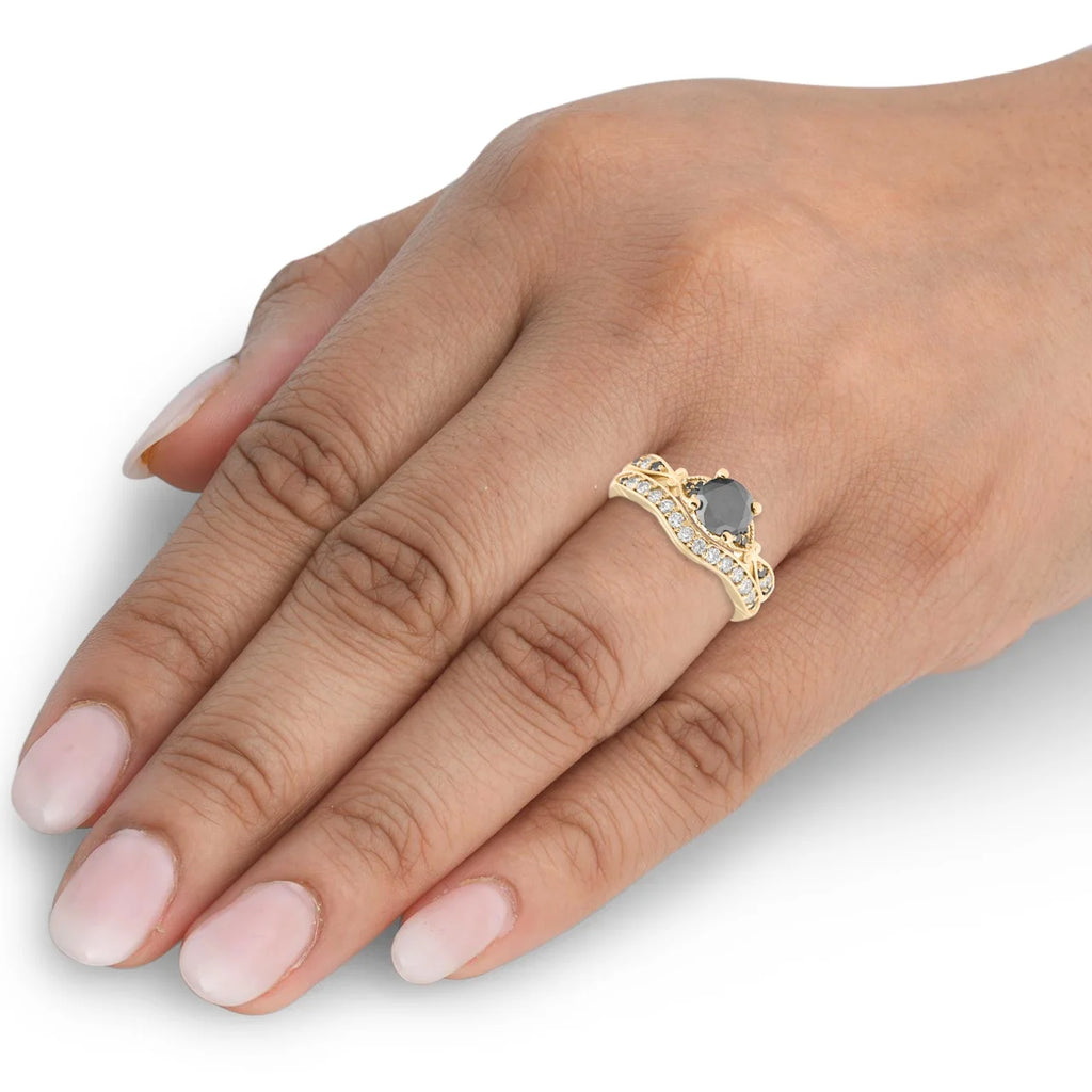 Black & White Diamond Engagement Wedding Ring Set 10k Yellow Gold Y15885