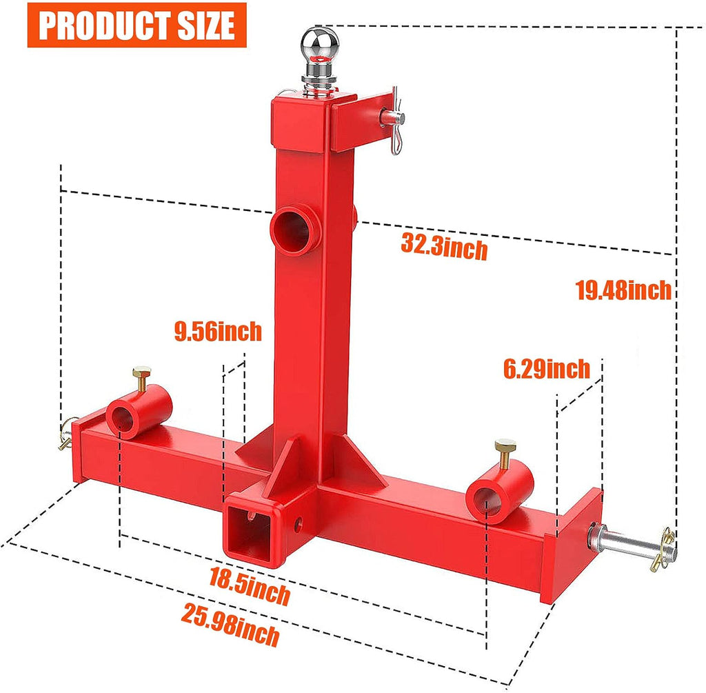 49” Hay Bale Spear 3 Point Trailer Hitch with 2" Receivers for Category 1 Tractors with 2 x 17” Stabilizer Spears 3000lbs Capacity & 1-7/8'' Trailer Ball Gooseneck Drawbar H4678