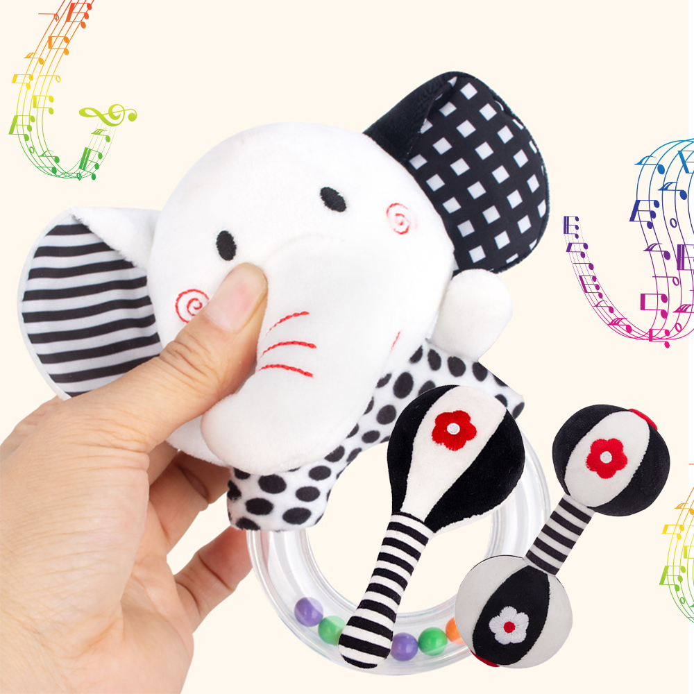 3PCS Soft Plush Baby Rattles High Contrast Black and White Sensory Toy T7273