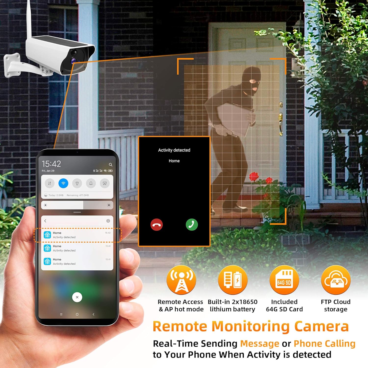 Outdoor Solar Security Camera 1080P HD Wireless WiFi Surveillance Camera with Night Vision, 2-Way Audio, IP67 Waterproof, 64G SD Card S7634