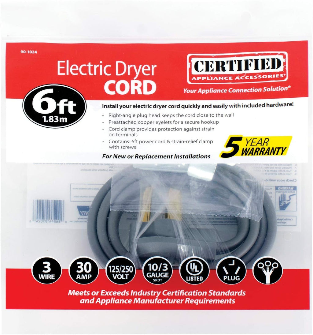 6 Foot 30-Amp Dryer Cord with 3 Eyelet Connectors V5234