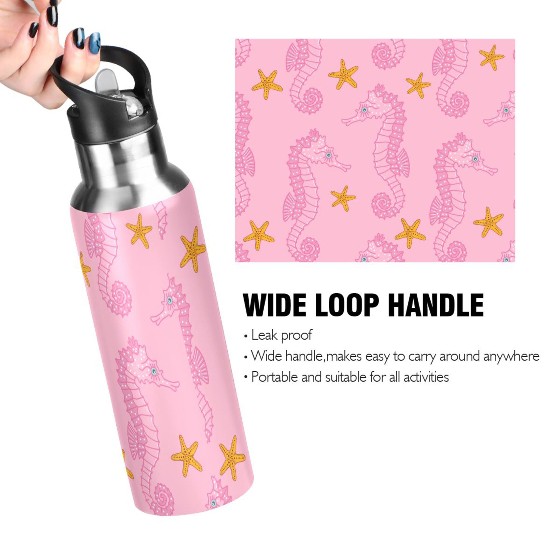 Pink Seahorse Starfish Stainless Steel Insulated Water Bottle A5349