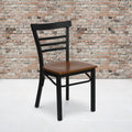 Black Three-Slat Ladder Back Metal Restaurant Chair with Cherry Wood Seat M829058