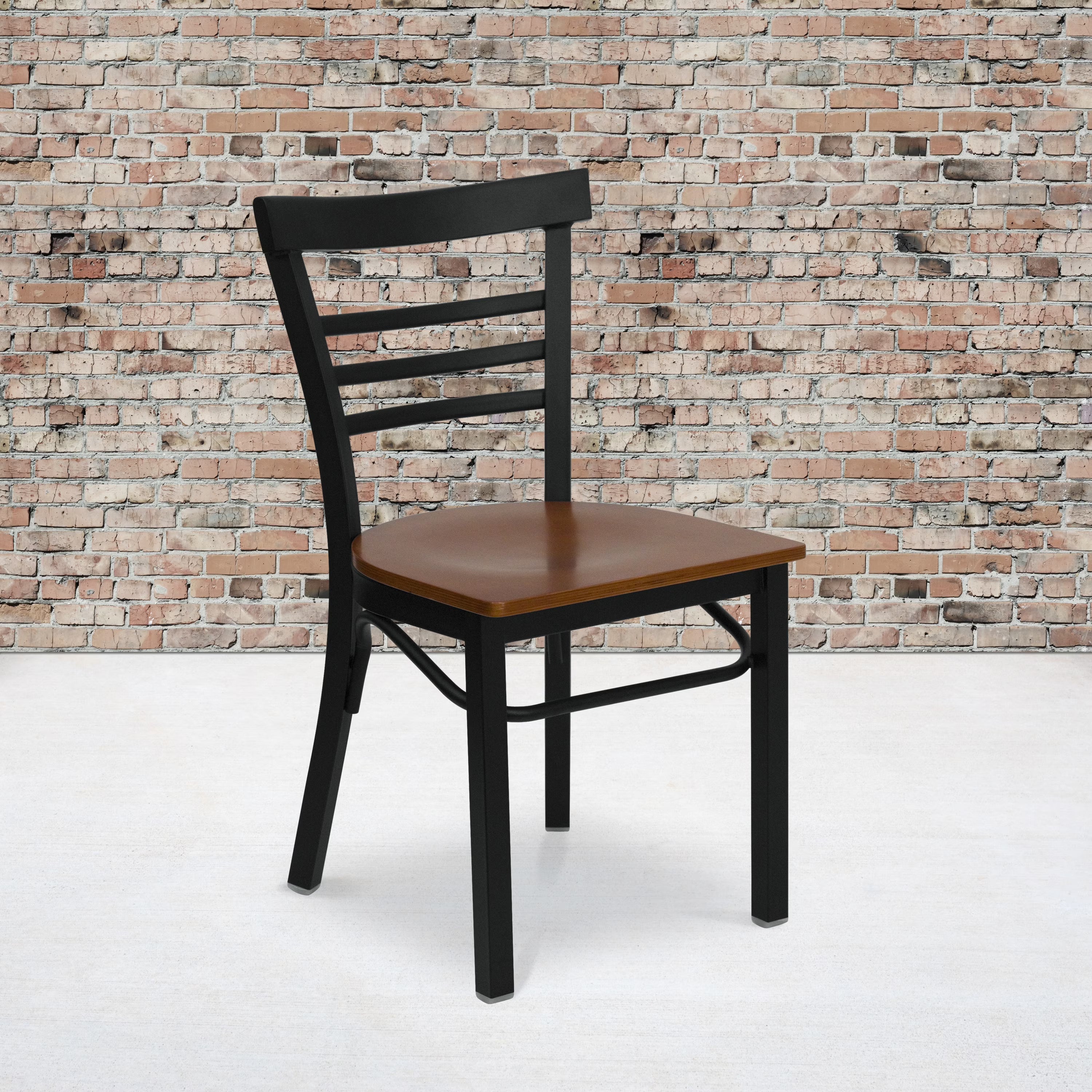 Black Three-Slat Ladder Back Metal Restaurant Chair with Cherry Wood Seat M829058