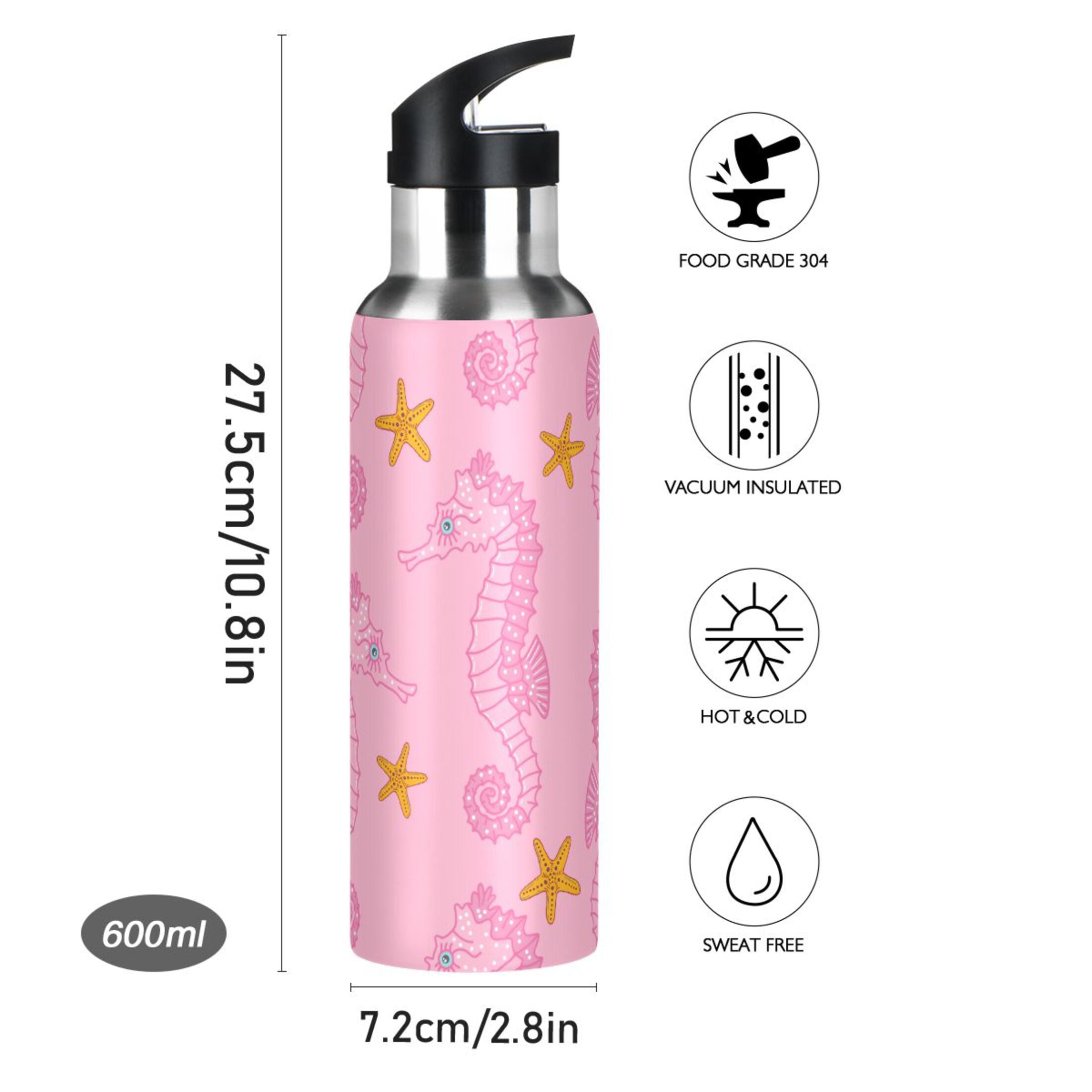 Pink Seahorse Starfish Stainless Steel Insulated Water Bottle A5349