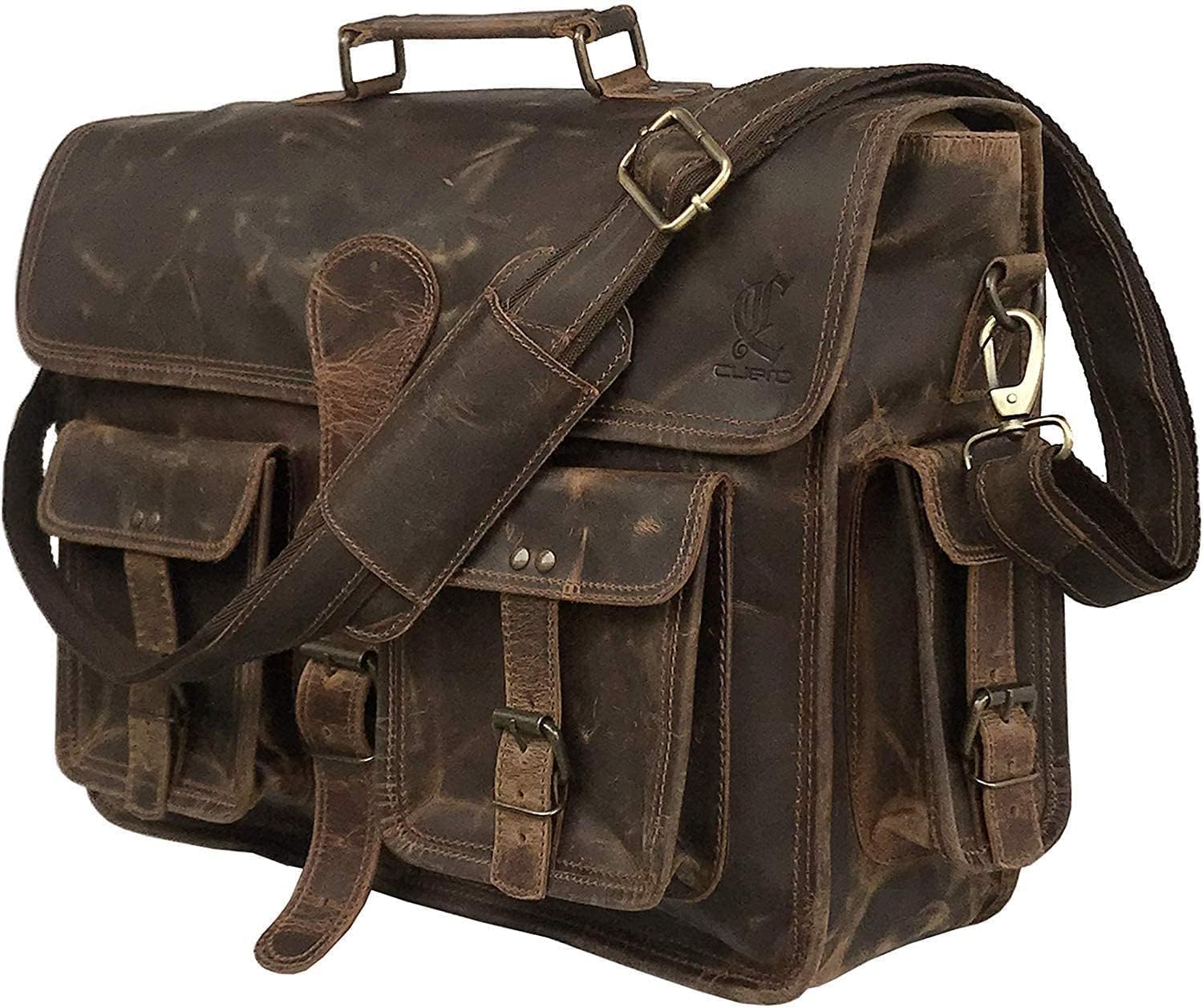 Vintage Brown Leather Laptop Messenger Bag Q4688