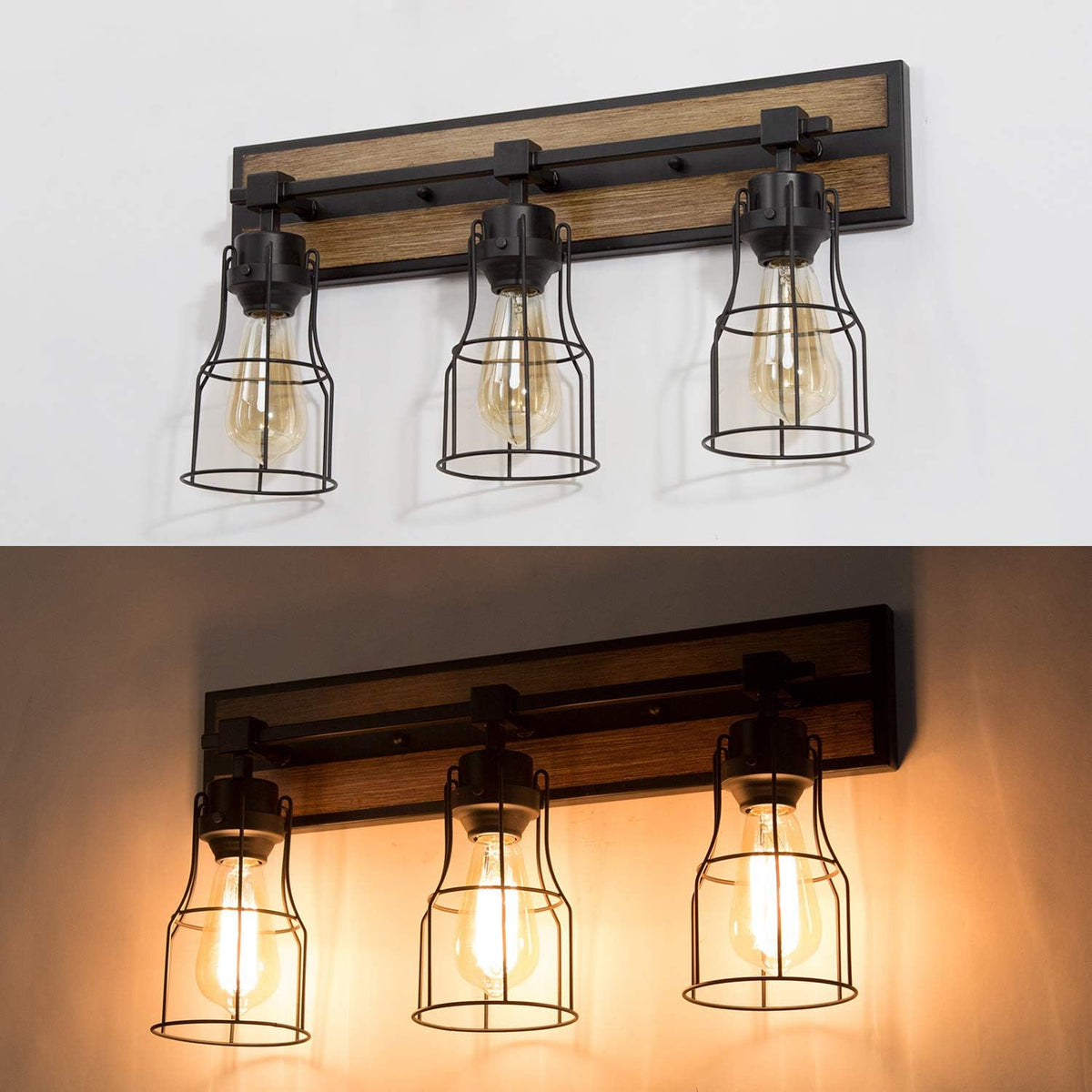 Bathroom Vanity Light Fixtures with Metal Cage, Faux Wood Finish Q304611