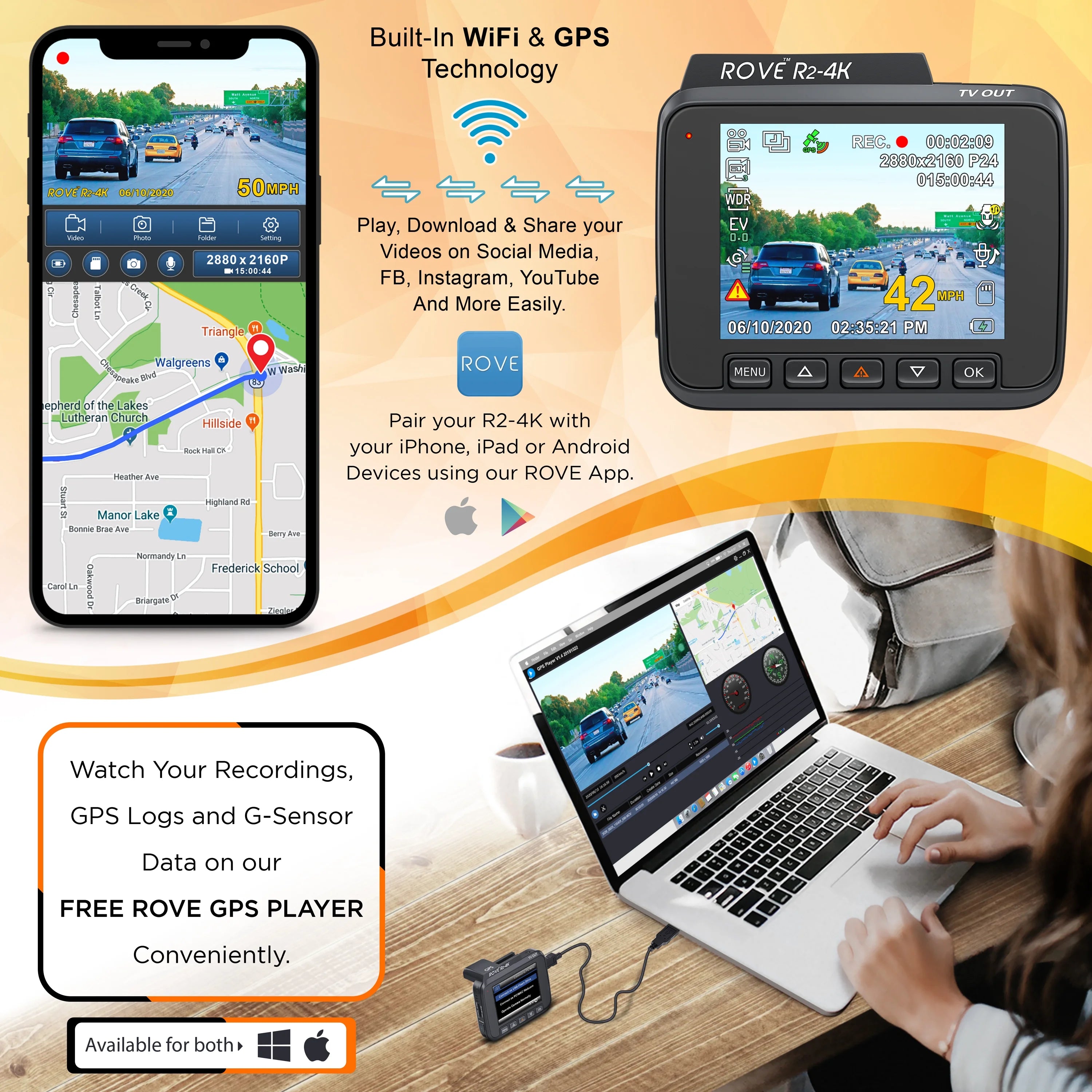 R2-4K Dash Cam with Built-in WiFi GPS, UHD 2160P, 2.4" LCD Display, 150° Wide Angle, WDR, Night Vision J9875