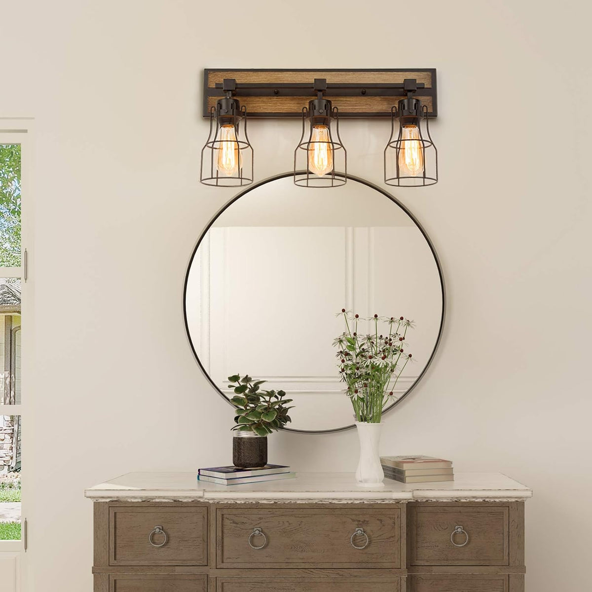 Bathroom Vanity Light Fixtures with Metal Cage, Faux Wood Finish Q304611