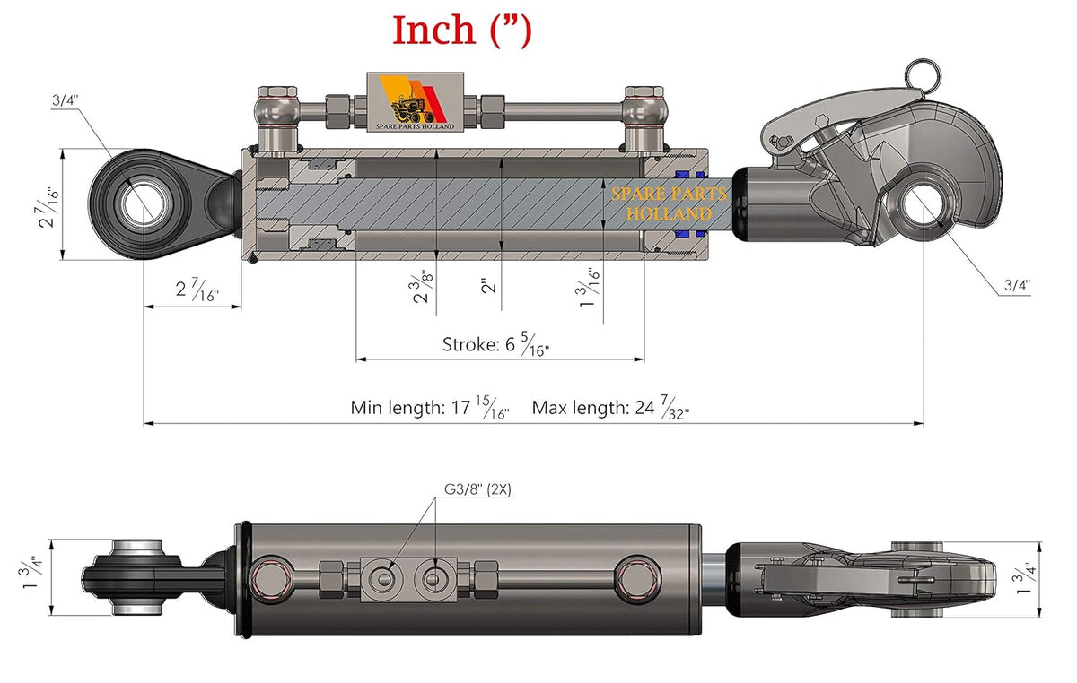 Hydraulic Top Link Cat. 1 Catch Hook 17 15/16 - 24 7/32 Stroke 6 5/16 U219