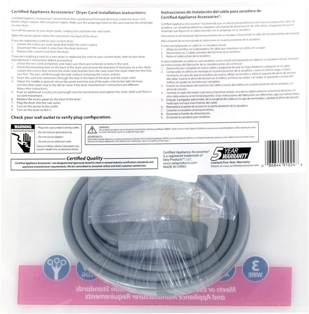6 Foot 30-Amp Dryer Cord with 3 Eyelet Connectors V5234
