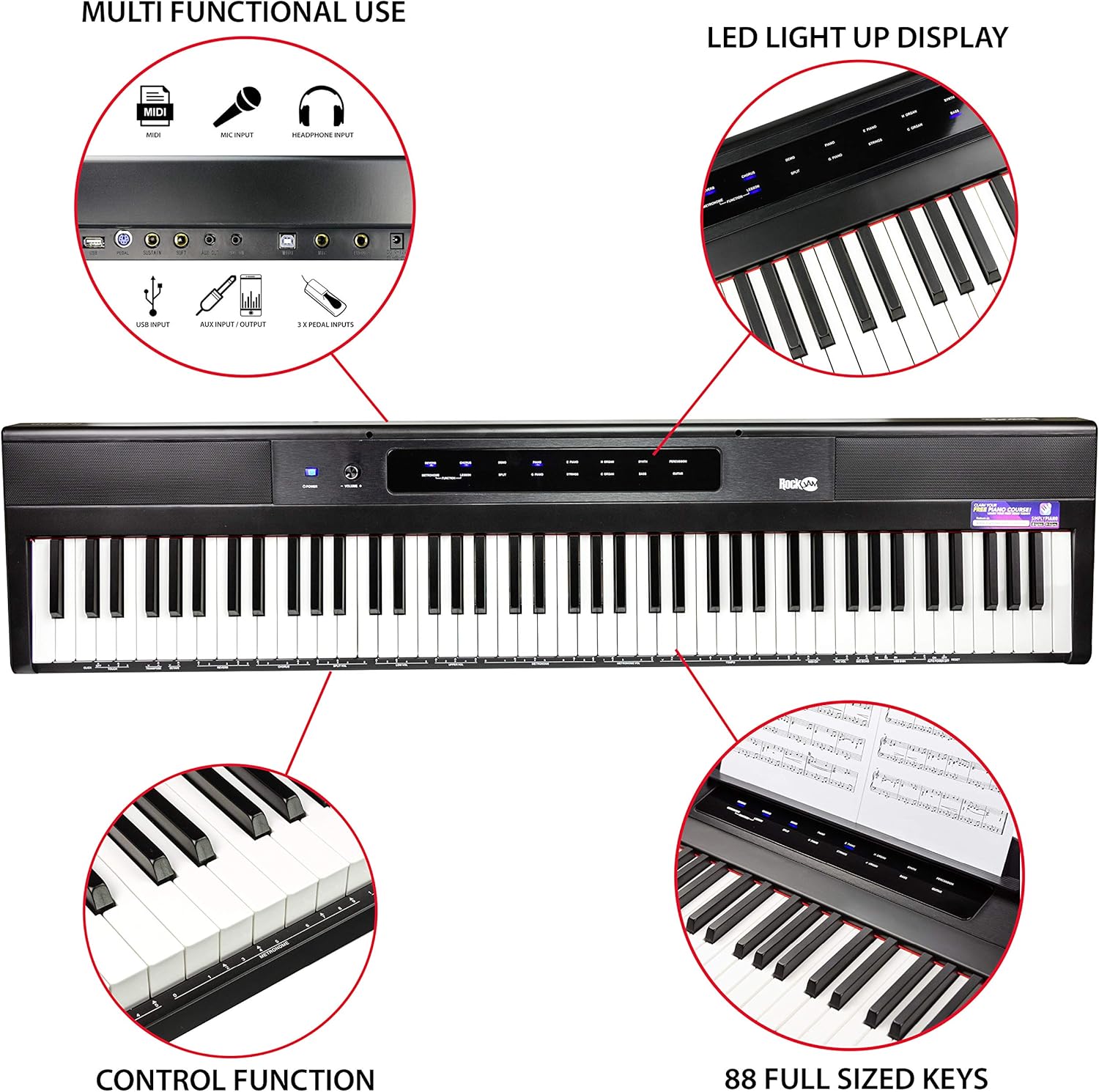 88-Key Semi-Weighted Digital Piano, Black V681