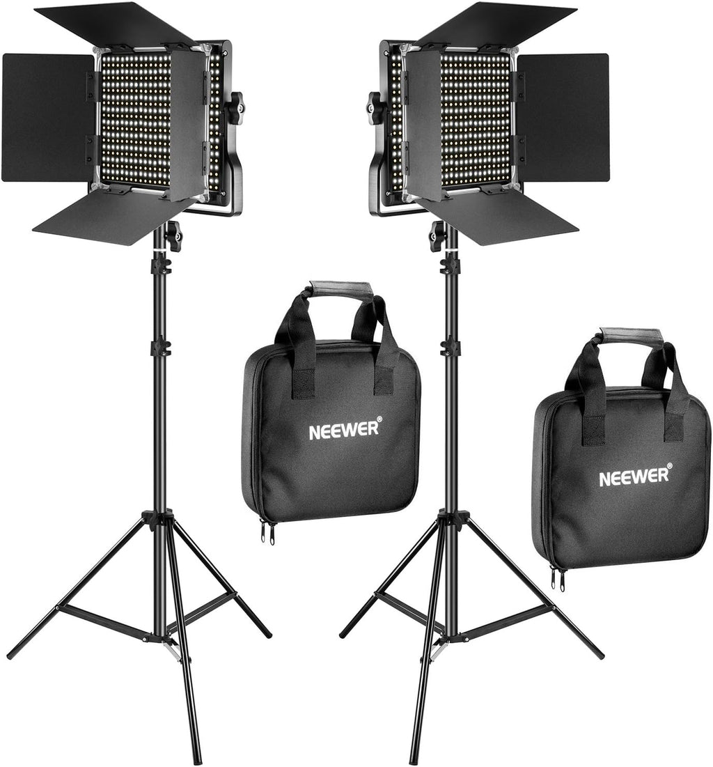 2 Pieces Bi-color 660 LED Video Light and Stand Kit with Barndoor F8952