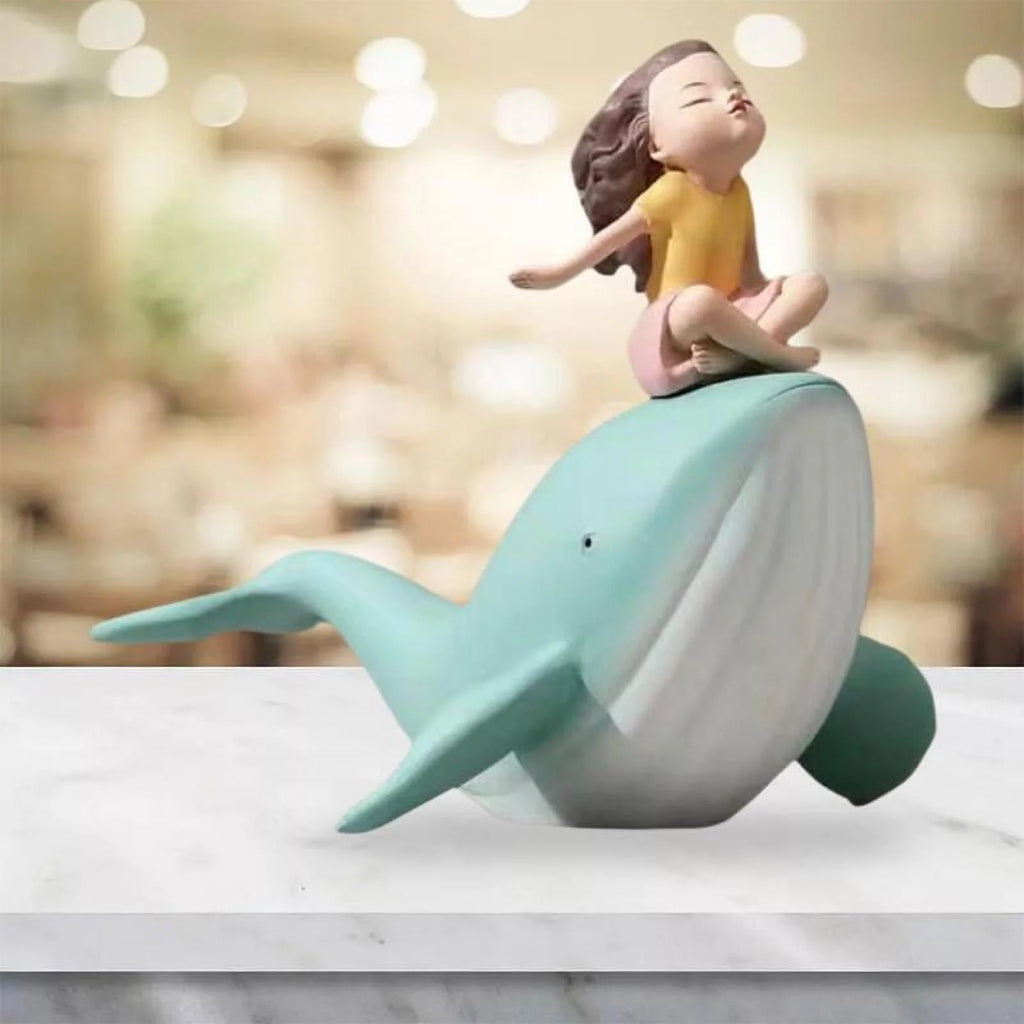 Nordic Girl and Whale Figurine Statue Sculpture I436