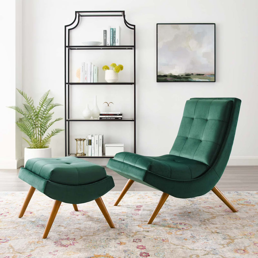 Green Velvet Lounge Chair and Ottoman Set Q689077