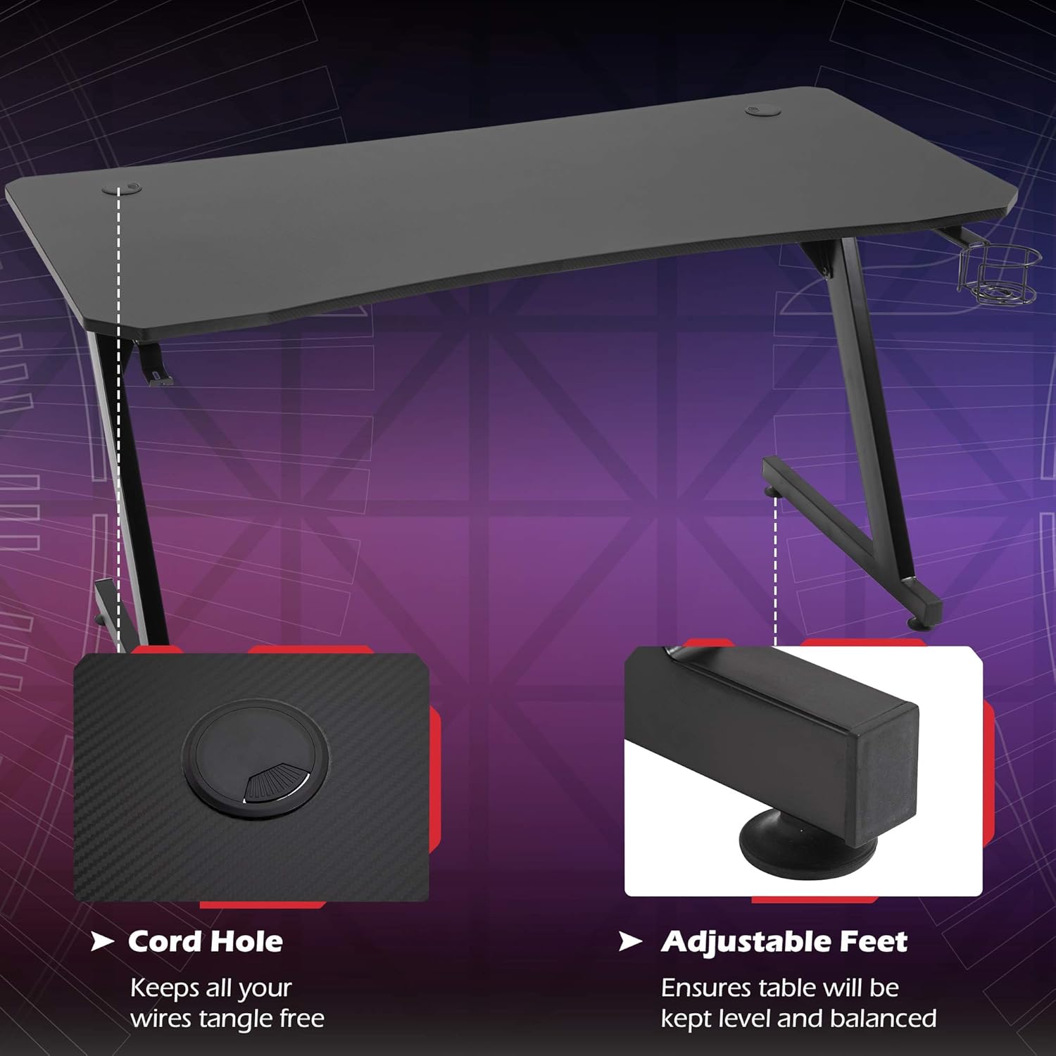 Black Gaming Desk with Cup Holder and Headphone Hook G372