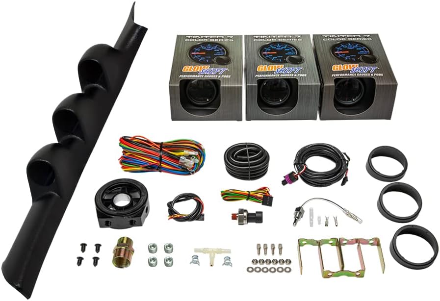 Tinted 7 Color 30 PSI Boost/Vacuum, 100 PSI Oil Pressure & Oil Temperature Gauges, Black Triple Pillar Pod T812