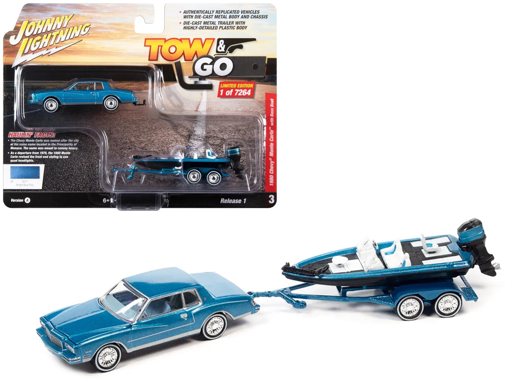 1/64 Diecast 1980 Chevrolet Monte Carlo with Bass Boat and Trailer Q643151