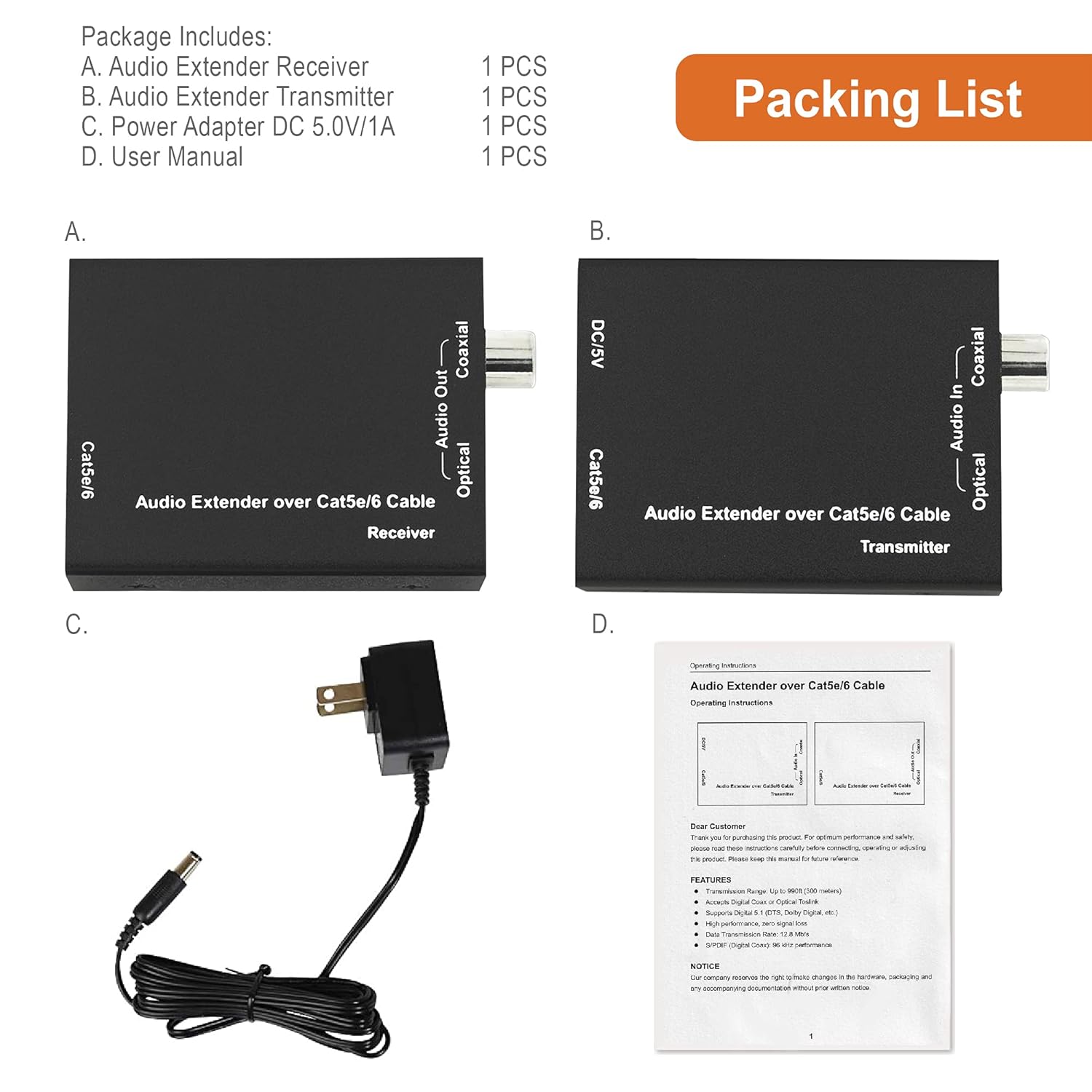 Digital Audio Balun Extender Converter Adapter Over Cat5e6 SPDIF Optical Coaxial 900 Feet S6287